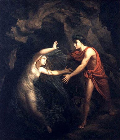 Oil painting of Orpheus glancing back at Eurydice by Christian Gottlieb Kratzenstein (1806), depicting the tragic climax of the story of Orpheus and Eurydice from Greek mythology, as Orpheus loses Eurydice forever by breaking the gods’ condition in the Underworld.