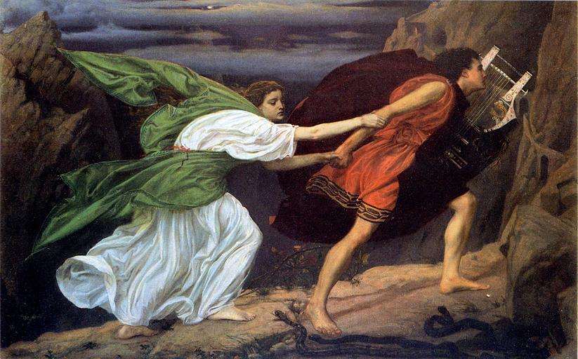 "Orpheus and Eurydice" by Sir. Edward John Poynter, 1862, private collection. Painting of Orpheus leading Eurydice out of the Underworld, with Eurydice reaching for him moments before being lost, visually capturing the heartbreak in the story of Orpheus and Eurydice from Greek mythology. Orpheus holds a lyre and looks back, breaking the gods' condition.